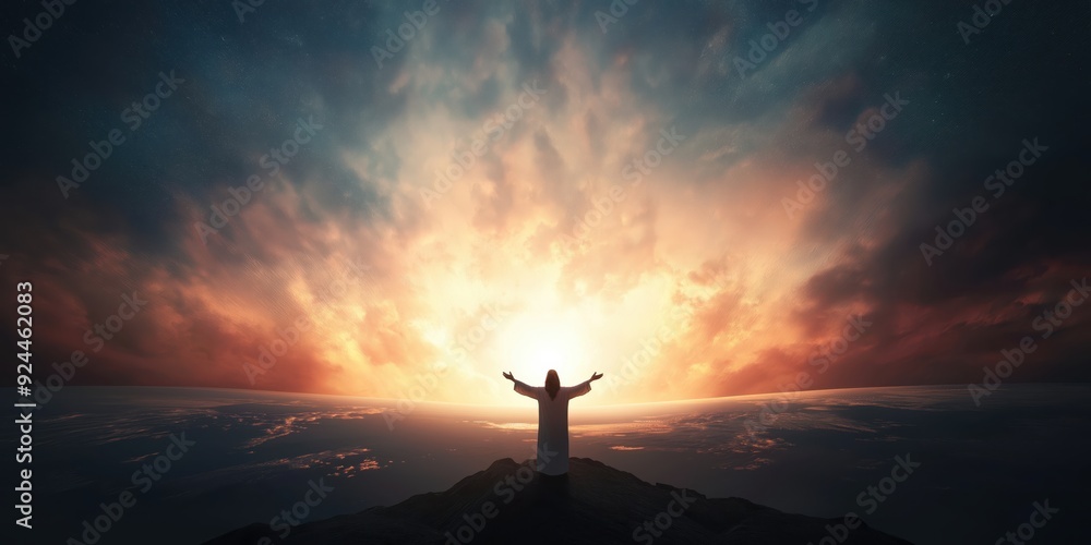 Image of Jesus with arms and hands open wide in front of a bright light representing heaven and earth Image of Jesus with arms and hands open wide in front of a bright light representing heaven and earth