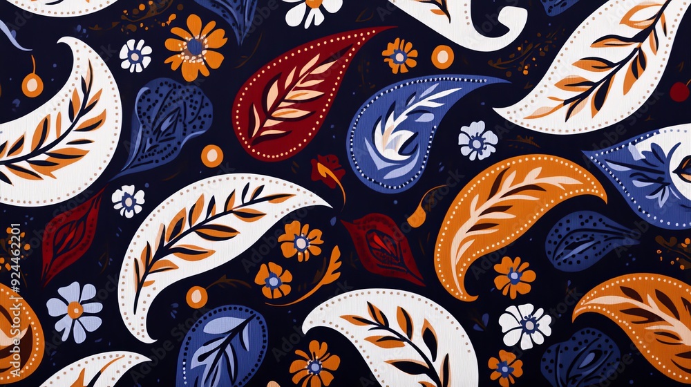 Naklejka premium Jewel-toned paisley pattern, showcasing bold sapphire, emerald, and ruby colors with intricate detailing, evoking a sense of opulence