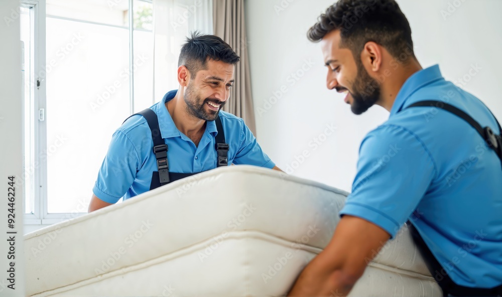 Fototapeta premium Skilled Indian Movers Carefully Transporting a Mattress into a Modern Home