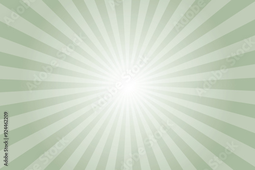 Green background with sun ray. Pattern of starburst. Abstract laurel green texture with light of sunburst. Radial beam of sunlight. Retro background with flash. Design of sunbeams. Vector.