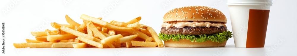 Fast Food Delights: A Tasty Arrangement of Hamburger, Fries, and Coffee on a White Background, Capturing the Essence of Quick Mealtime, Food, suitable for food blogs and food websites Fast Food Delights: A Tasty Arrangement of Hamburger, Fries, and Coffee on a White Background, Capturing the Essence of Quick Mealtime, Food, suitable for food blogs and food websites