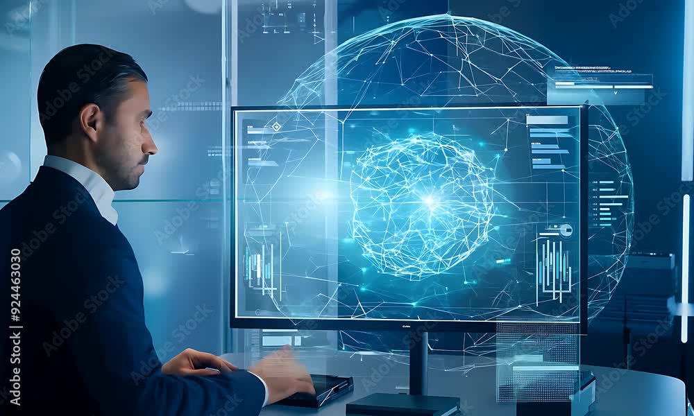 A professional engages with advanced technology while reviewing intricate data visualizations for analysis A professional engages with advanced technology while reviewing intricate data visualizations for analysis