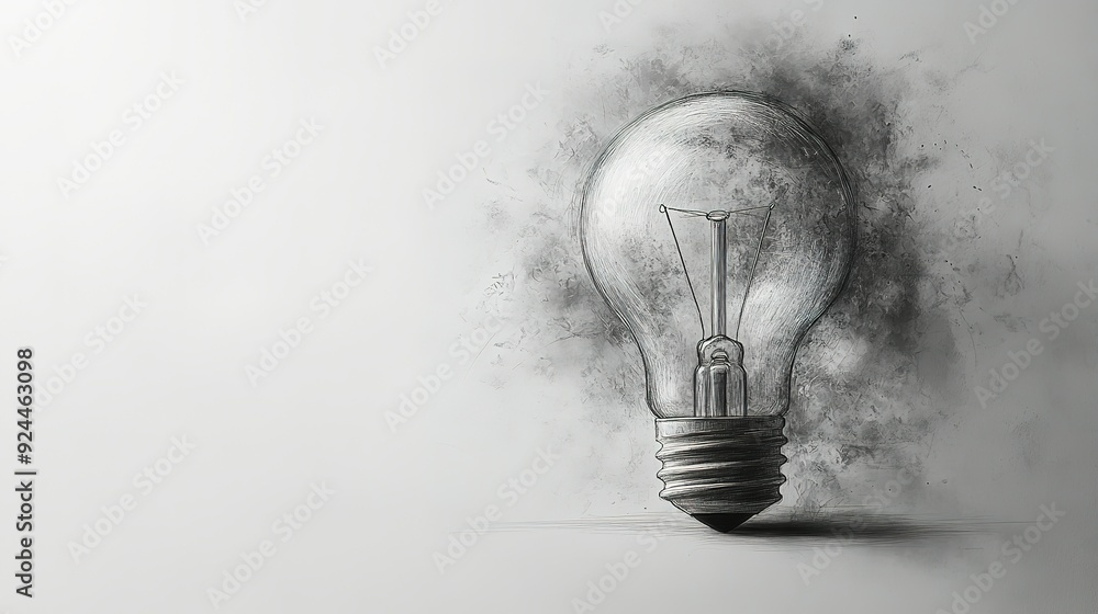 A Single Light Bulb Drawn in Graphite with Abstract Background A Single Light Bulb Drawn in Graphite with Abstract Background