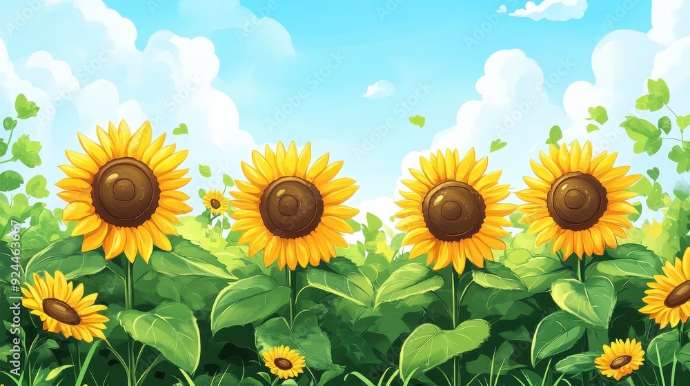 Obraz premium Bright Sunflowers in a Lush Green Field Under a Clear Blue Sky with Fluffy White Clouds
