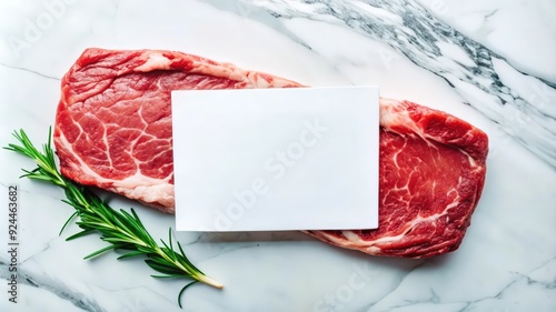 Raw Beef Steak with Rosemary and White Paper on Marble Background photo