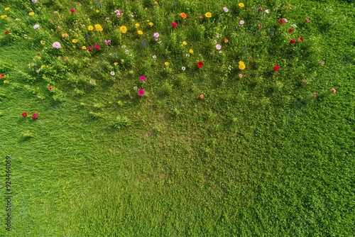 Aerial View of Lush Green Grass Field with Vibrant Colorful Flowers #924464069