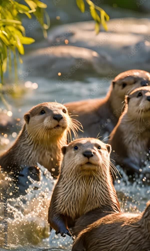 Playful Otters: Capture a group of otters playfully swimming and sliding down a riverbank, showcasing their joyful behavior. Playful Otters: Capture a group of otters playfully swimming and sliding down a riverbank, showcasing their joyful behavior.