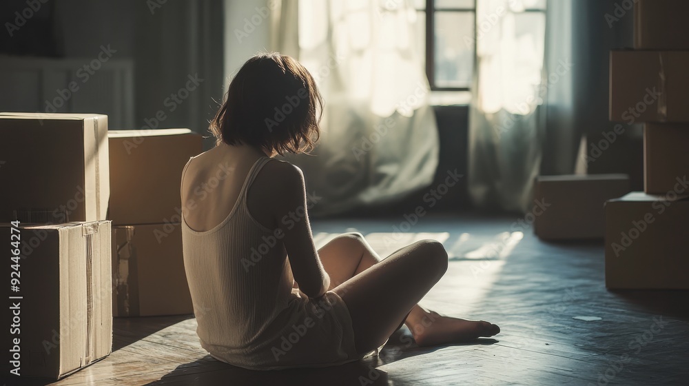 A woman sitting on the floor of an empty apartment, surrounded by eviction notices A woman sitting on the floor of an empty apartment, surrounded by eviction notices