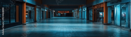 A dark, empty mall with For Lease signs in every window, representing the decline of a oncepopular shopping center photo