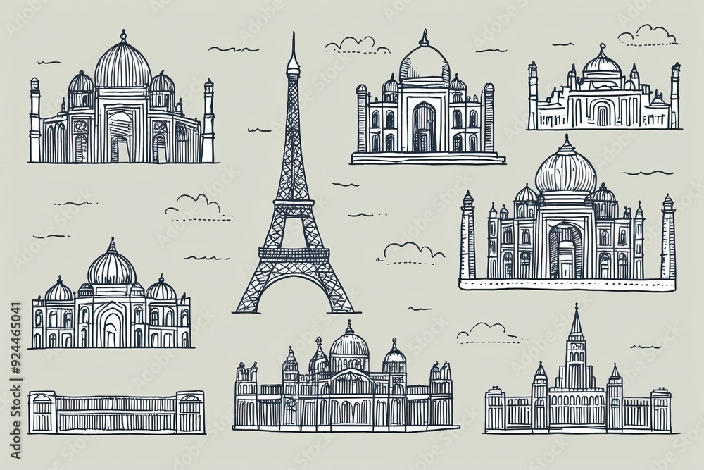 Obraz premium Delicate Line Sketches of Iconic Landmarks on a Light Background Expressing Travel Narratives