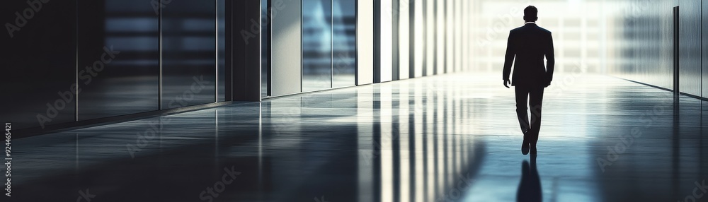 Fototapeta premium A businessman walking through a deserted office building, his footsteps echoing in the empty hallways