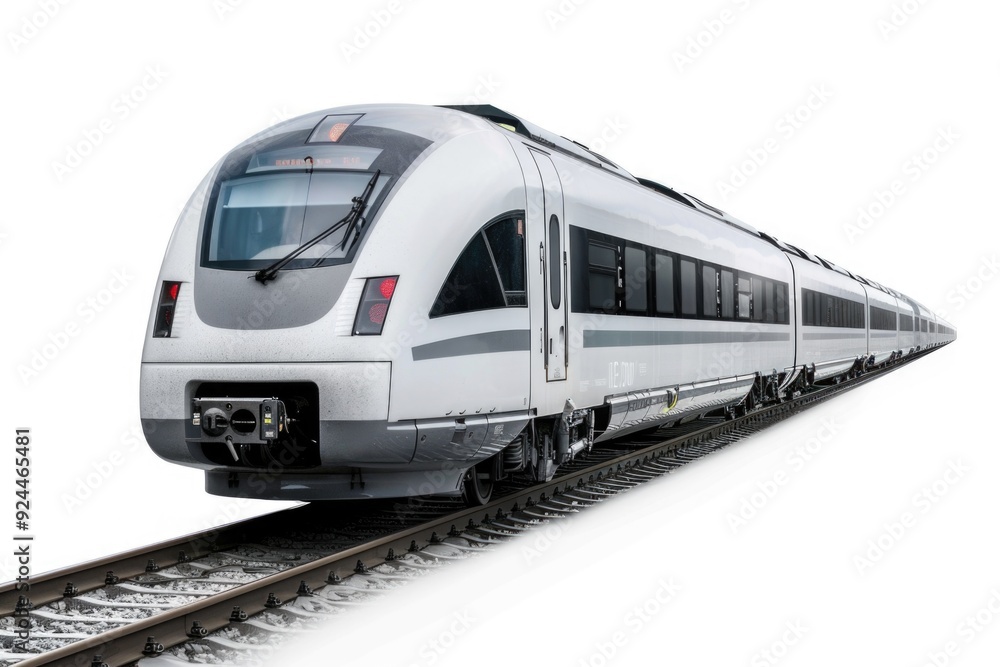 Naklejka premium A silver train travels down train tracks on a white background, ideal for uses such as travel, transportation, and infrastructure illustrations