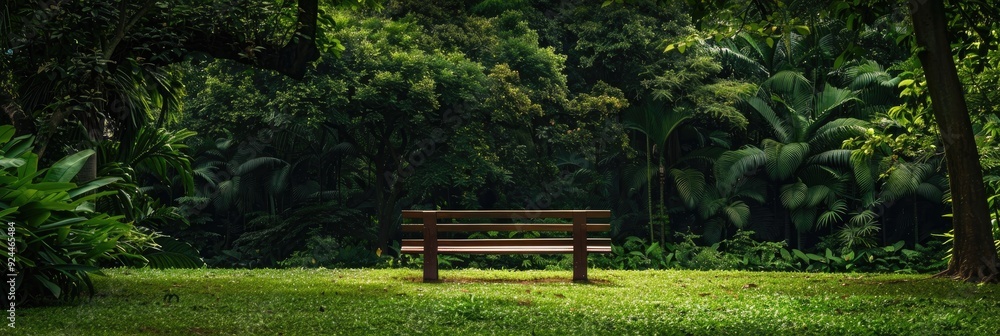 Obraz premium A wooden bench situated in a park surrounded by vibrant trees, creating a peaceful natural environment. The grassy area offers a calm space for outdoor activities.