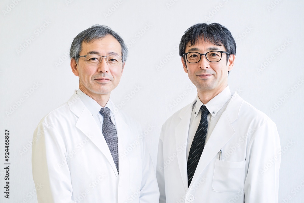Two doctors stand side by side, wearing white lab coats and ties, presenting a confident and professional demeanor in a bright, minimalistic setting Two doctors stand side by side, wearing white lab coats and ties, presenting a confident and professional demeanor in a bright, minimalistic setting