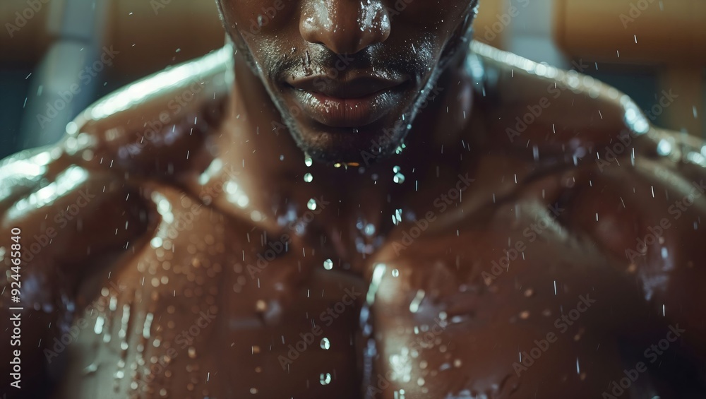 Capturing the Strength: A close-up of a determined figure, glistening with sweat, embodies the essence of hard work and dedication amidst the rhythmic drops of water in a gym setting. Capturing the Strength: A close-up of a determined figure, glistening with sweat, embodies the essence of hard work and dedication amidst the rhythmic drops of water in a gym setting.
