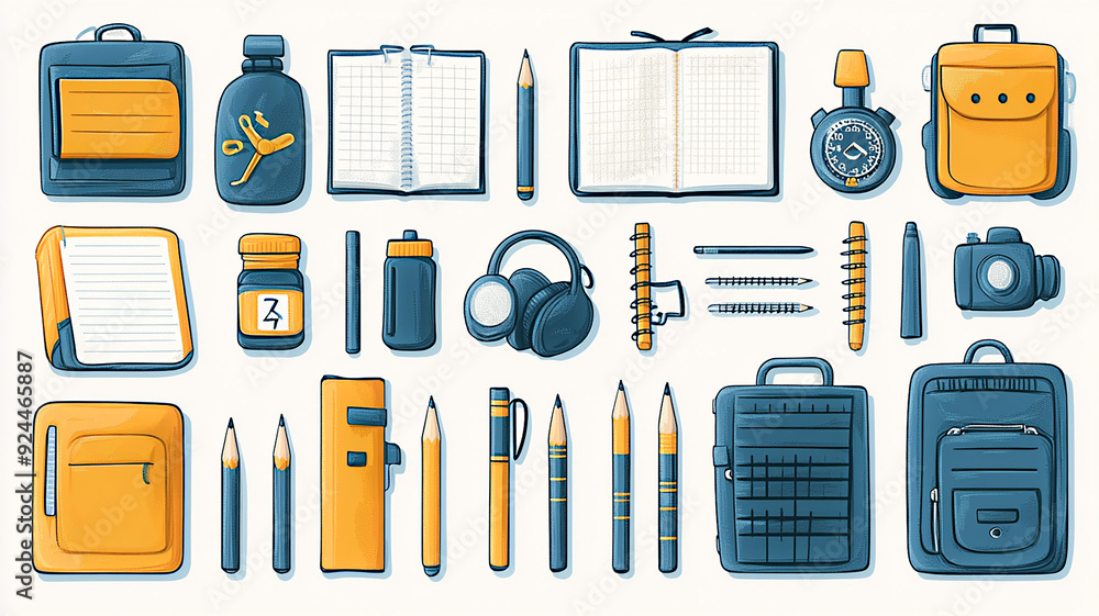 Flat vector high-resolution Back to School Pack featuring a collection of school supplies like notebooks, pencils, and rulers, ideal for educational graphics. Flat vector high-resolution Back to School Pack featuring a collection of school supplies like notebooks, pencils, and rulers, ideal for educational graphics.