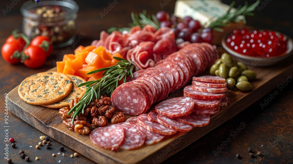 Charcuterie Board with Assorted Meats, Cheeses, Crackers, and Fresh Herbs, Perfect for a Holiday Gathering or Wine Tasting, Gourmet Platter Presentation Charcuterie Board with Assorted Meats, Cheeses, Crackers, and Fresh Herbs, Perfect for a Holiday Gathering or Wine Tasting, Gourmet Platter Presentation