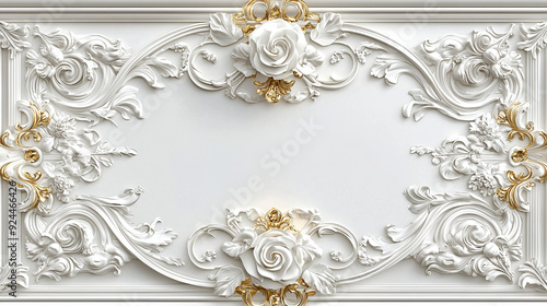 3d wallpaper for ceiling with white golden decoration model. Victorian style and decorative frame background 