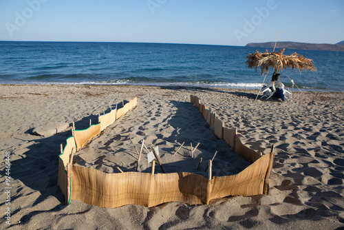 Protecting sea turtle eggs with fence on a sandy beach