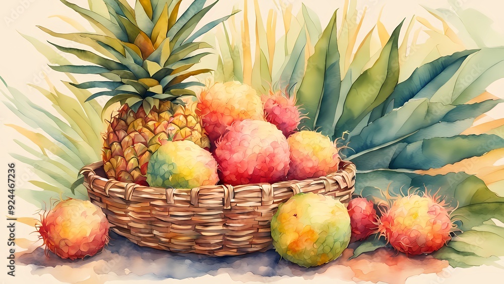 watercolor illustration pineapple sits imposingly at the center of a wicker basket lean guava watercolor illustration pineapple sits imposingly at the center of a wicker basket lean guava