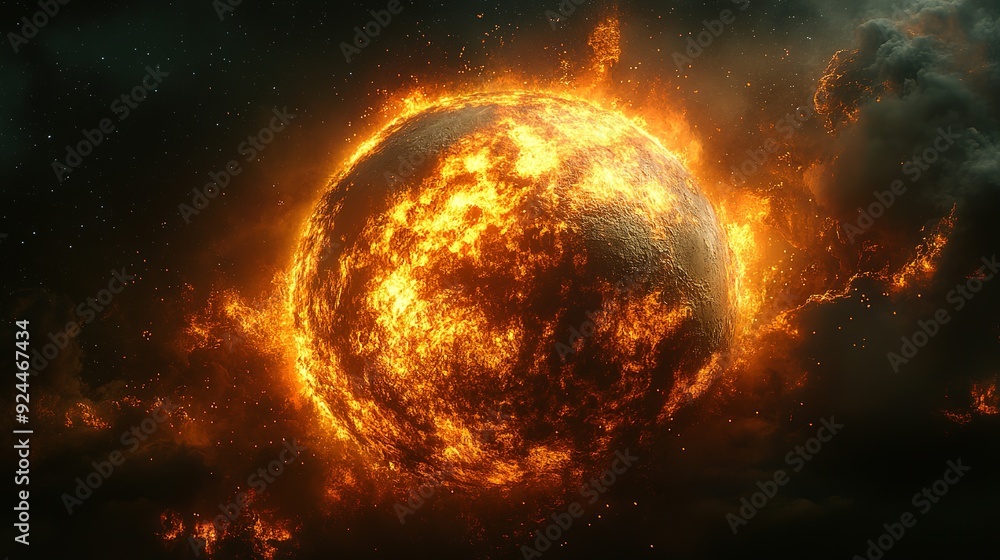 A Fiery Planet Engulfed in Flames and Smoke Against a Starry Sky A Fiery Planet Engulfed in Flames and Smoke Against a Starry Sky