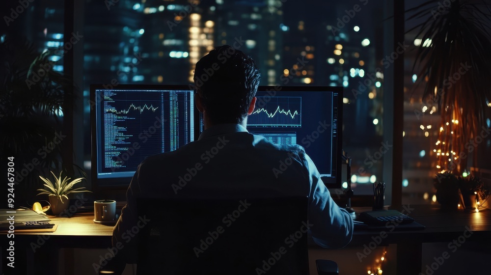 A businessman sitting in a dark office, staring at a computer screen showing financial losses A businessman sitting in a dark office, staring at a computer screen showing financial losses