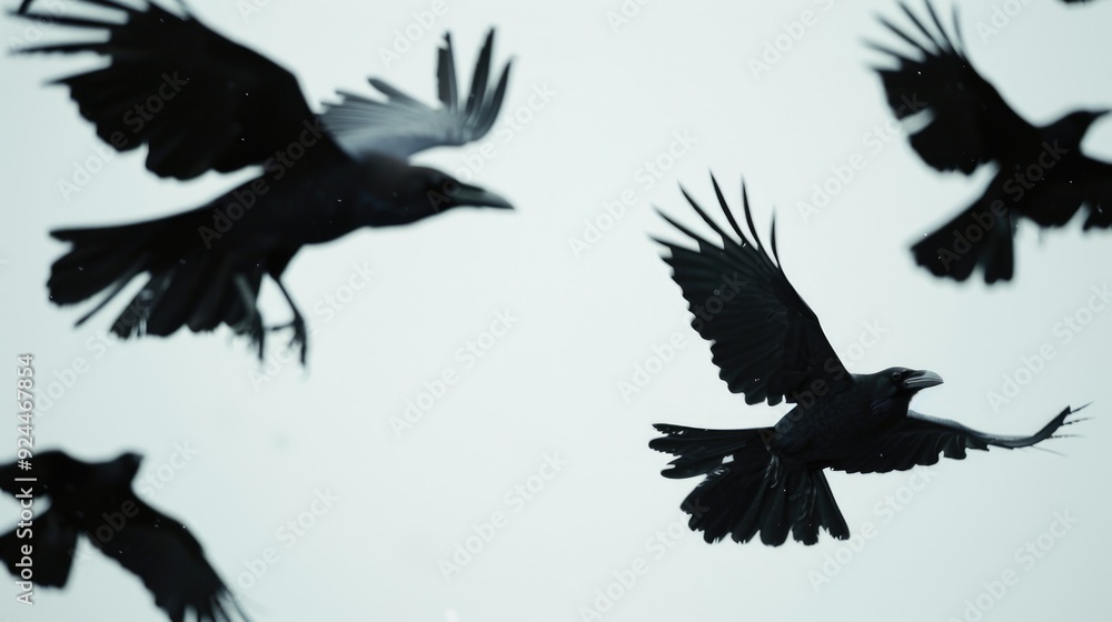 A group of black birds in flight, capturing their movement and energy A group of black birds in flight, capturing their movement and energy