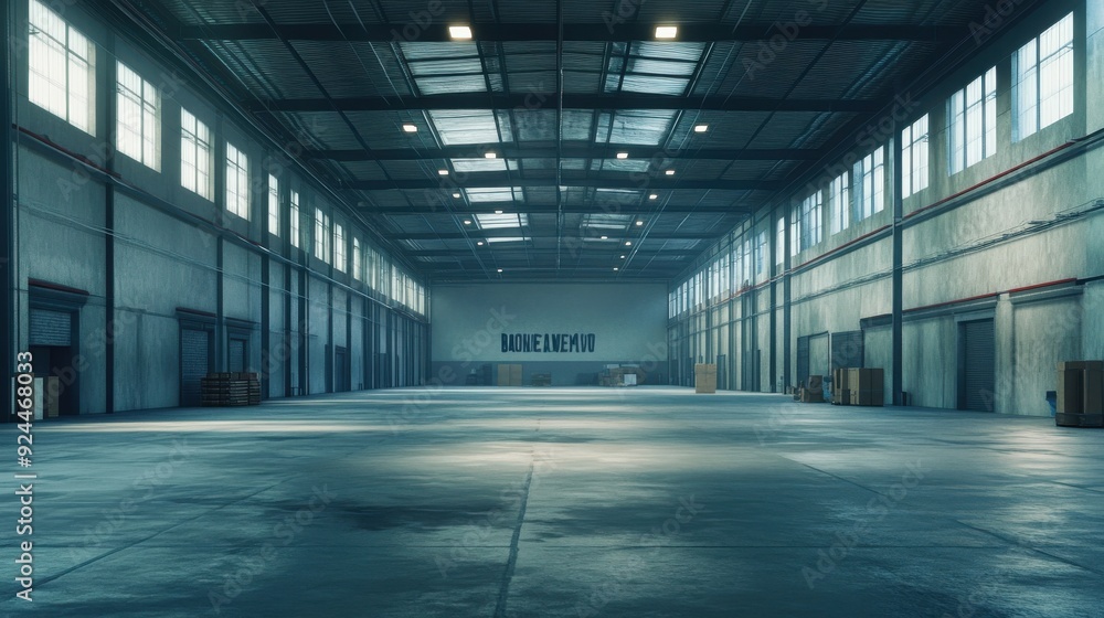 Obraz premium A large, empty warehouse, with Bankrupt spraypainted on the walls