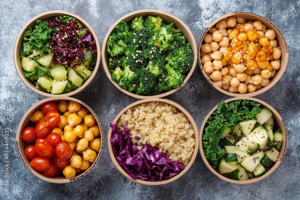 Takeaway food salads Buddha bowl in round cardboard containers. with generative ai Takeaway food salads Buddha bowl in round cardboard containers. with generative ai