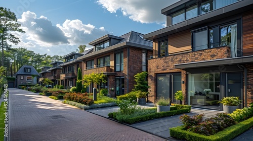 EV in a Modern Suburb: An electric vehicle driving through a modern suburb, with smart homes and well-maintained streets.