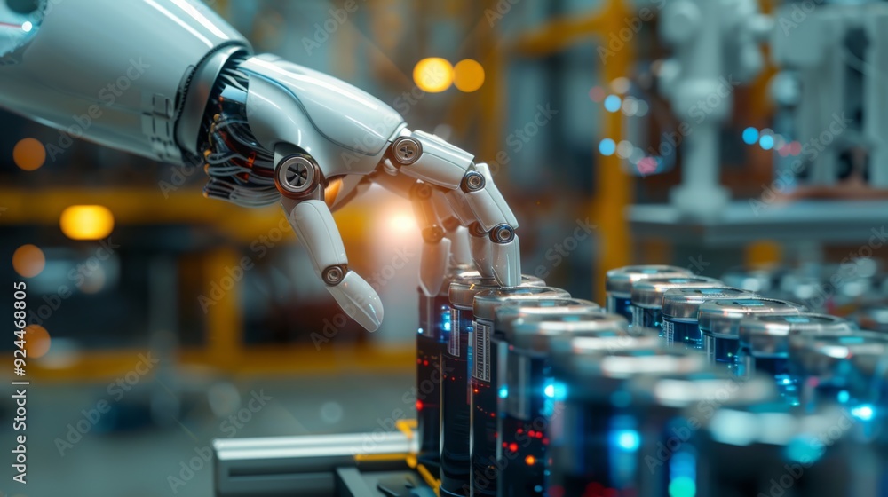 Battery research and development using 3D rendering robots holding lithium ion or rechargeable batteries in the laboratory Battery research and development using 3D rendering robots holding lithium ion or rechargeable batteries in the laboratory