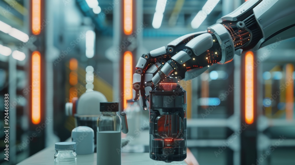 Battery research and development using 3D rendering robots holding lithium ion or rechargeable batteries in the laboratory Battery research and development using 3D rendering robots holding lithium ion or rechargeable batteries in the laboratory