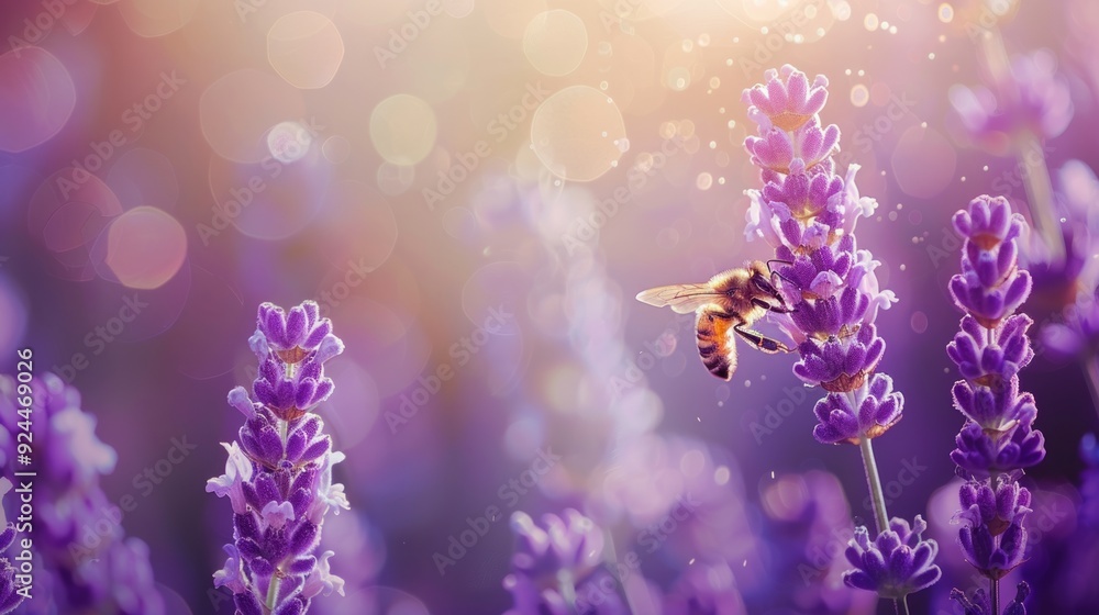 Honey bee gathering pollen on blooming lavender flowers