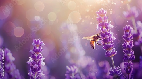 Honey bee gathering pollen on blooming lavender flowers