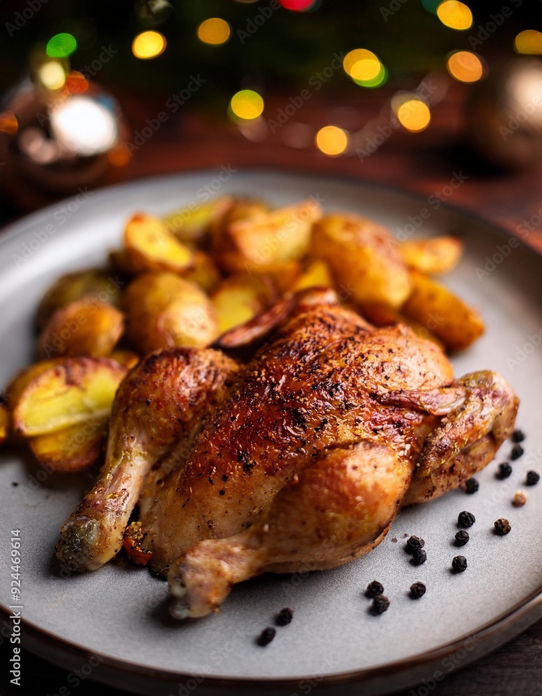 Un suculento pollo asado con patatas de acompañamiento Un suculento pollo asado con patatas de acompañamiento