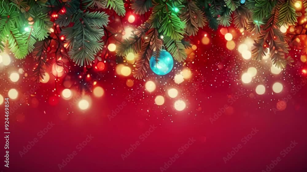 Festive background with Christmas balls and spruce branches with flashing garland Festive background with Christmas balls and spruce branches with flashing garland
