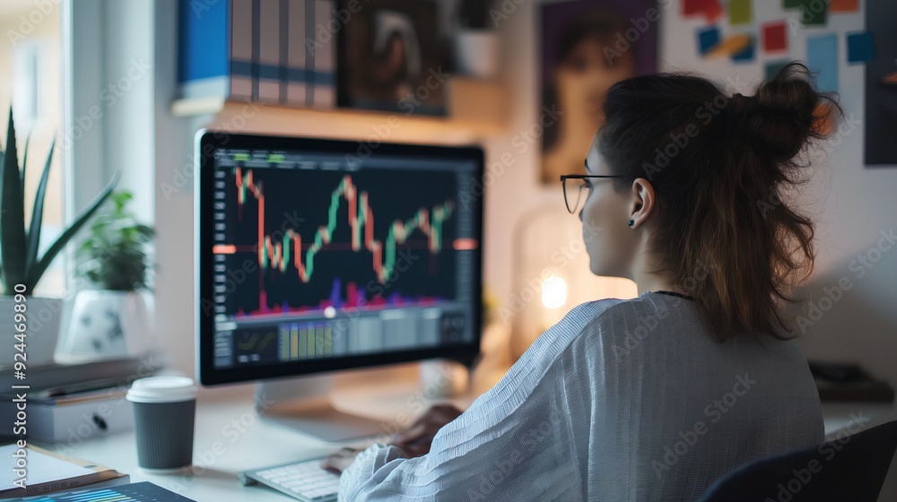 A person sitting at a desk, looking at a computer screen displaying a stock chart with various indicators. A person sitting at a desk, looking at a computer screen displaying a stock chart with various indicators.