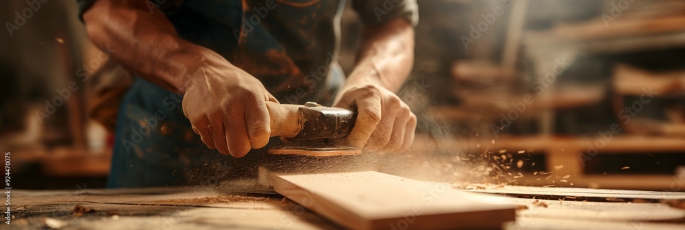 A woodworker in action, using an electric sander to smooth the surface of a wood plank, highlighted by the flying sawdust in a busy workshop. A woodworker in action, using an electric sander to smooth the surface of a wood plank, highlighted by the flying sawdust in a busy workshop.