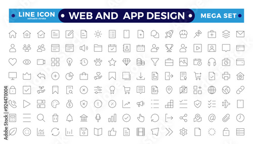 Web And App Design icon set. User interface icon set collection.Basic User Interface Essential Set. Line ui ux Outline Icons. For App, Web, Print. Editable stroke outline icon. 