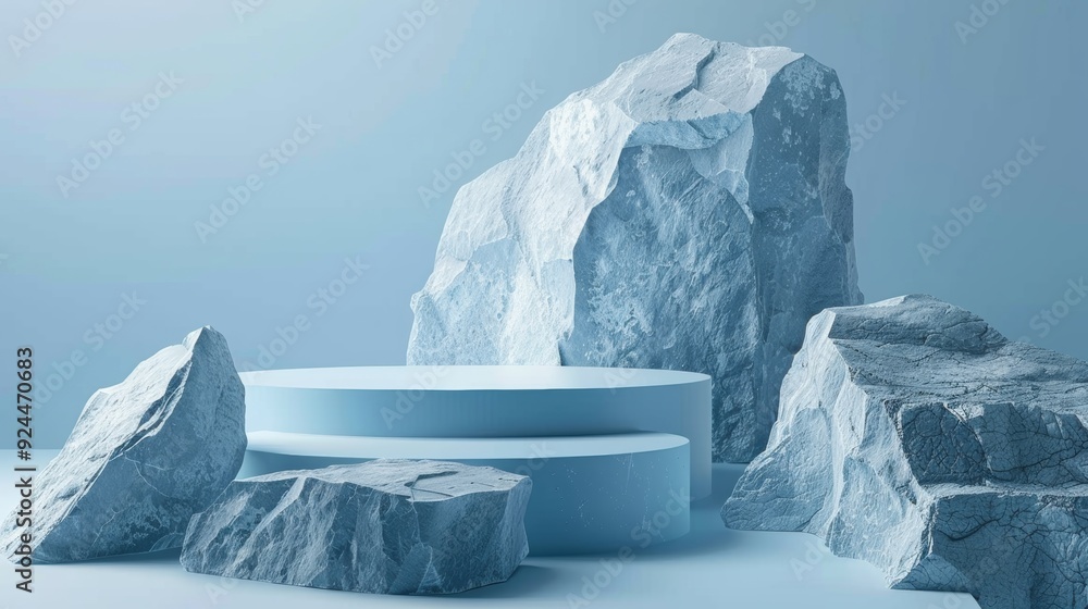 Obraz premium Blue geometric stone and rock shape background. Simple mockup model for display on a pedestal or showcase.