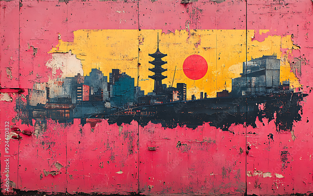Fototapeta premium Retro Grunge Collage: Pink & Yellow Asian Cityscape