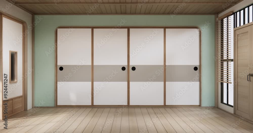 Modern japan room wooden floor and shelf wood on wall design. 3d rendering Modern japan room wooden floor and shelf wood on wall design. 3d rendering