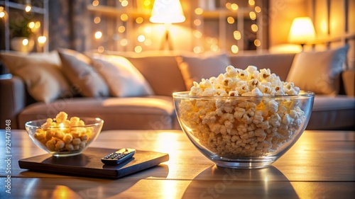 Cozy Movie Night with Popcorn and Remote Control.