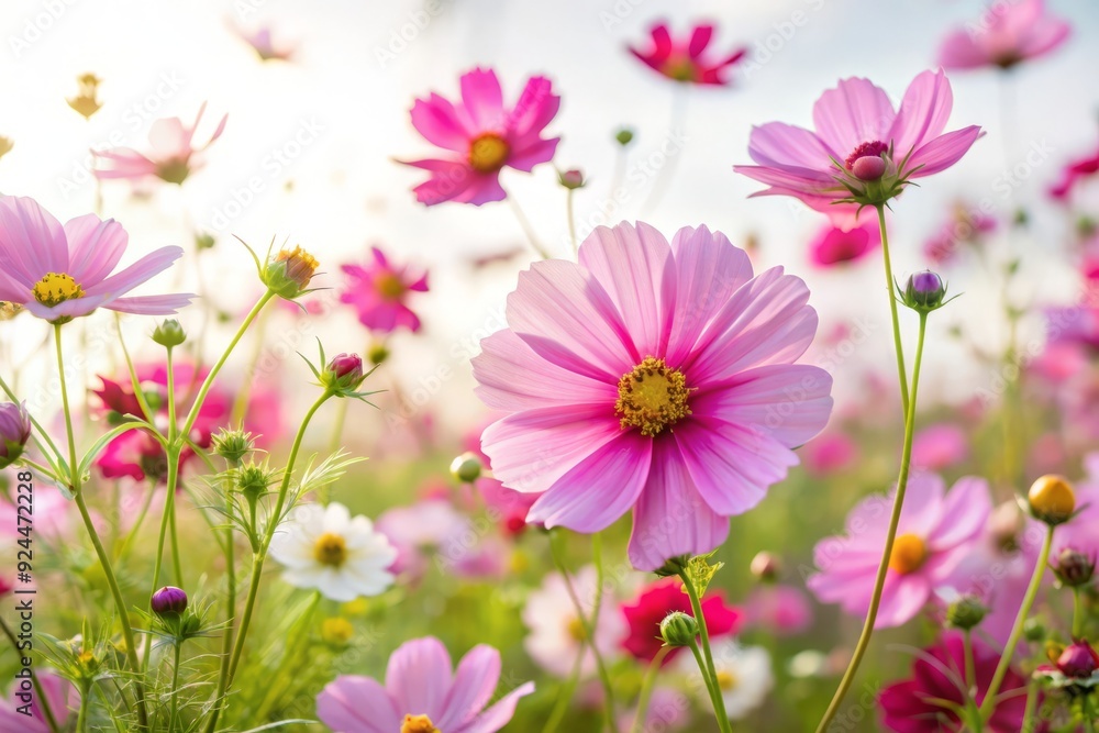 Pink Cosmos Flowers in a Field with Sunlight. Pink Cosmos Flowers in a Field with Sunlight.