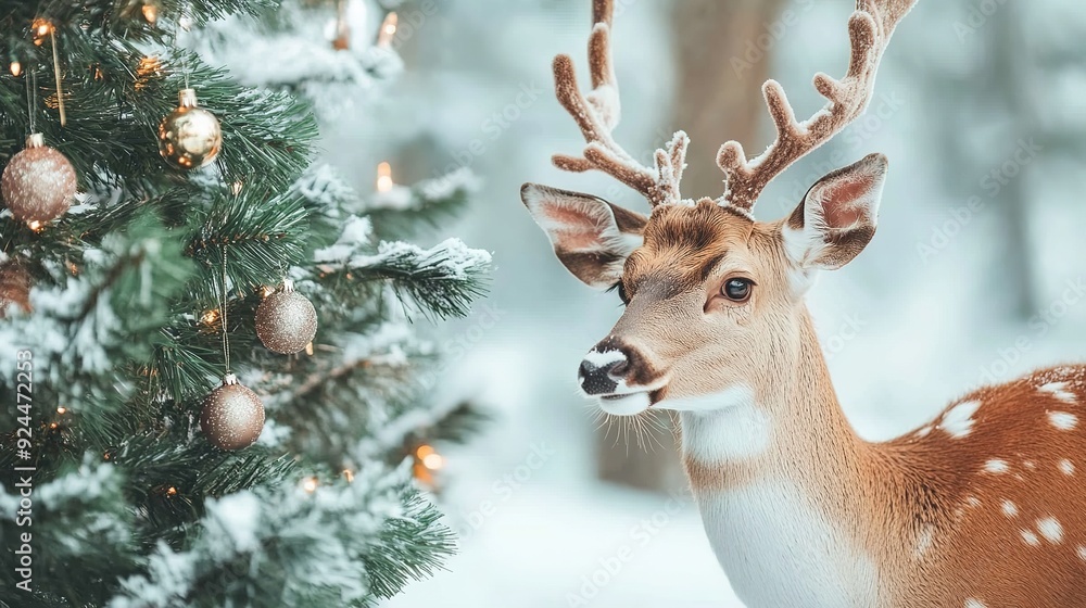 Deer in New Year's Style Next to a Christmas Tree Decorated with Garlands, Featuring a No Background Design Deer in New Year's Style Next to a Christmas Tree Decorated with Garlands, Featuring a No Background Design