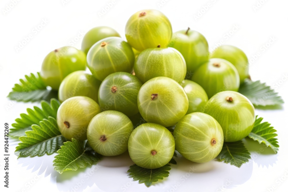 Fresh Green Amla Fruits with Leaves on White Background.