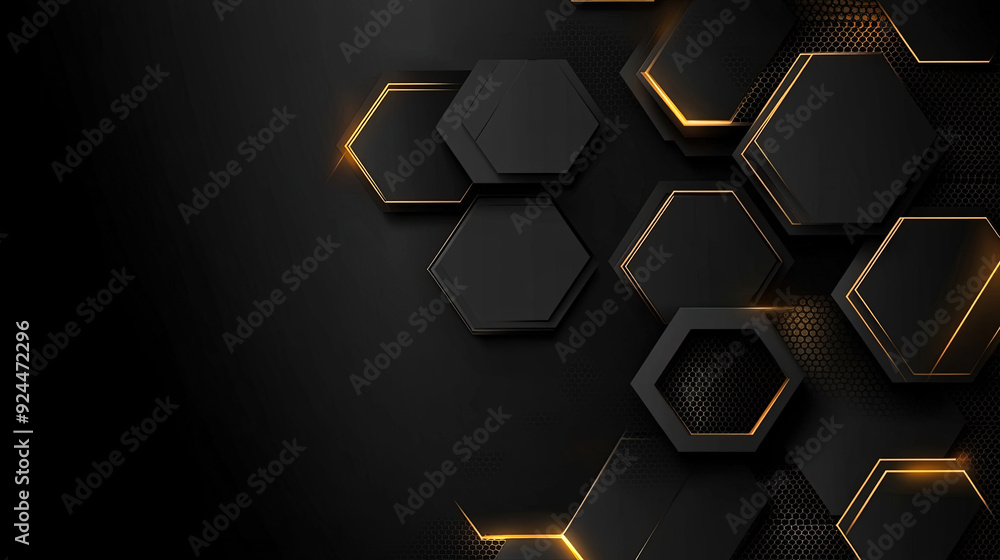 Modern technology, science or business concept. Abstract black background with hexagon pattern. Geometric shapes for technology digital presentation. Futuristic geometric pattern. Copy space area Modern technology, science or business concept. Abstract black background with hexagon pattern. Geometric shapes for technology digital presentation. Futuristic geometric pattern. Copy space area