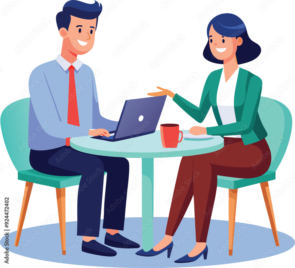 Partners meeting for business discussion with documents and laptop on desk. Couple at round table, speaking, discussing work, partnership. Flat vector illustration isolated on white background Partners meeting for business discussion with documents and laptop on desk. Couple at round table, speaking, discussing work, partnership. Flat vector illustration isolated on white background