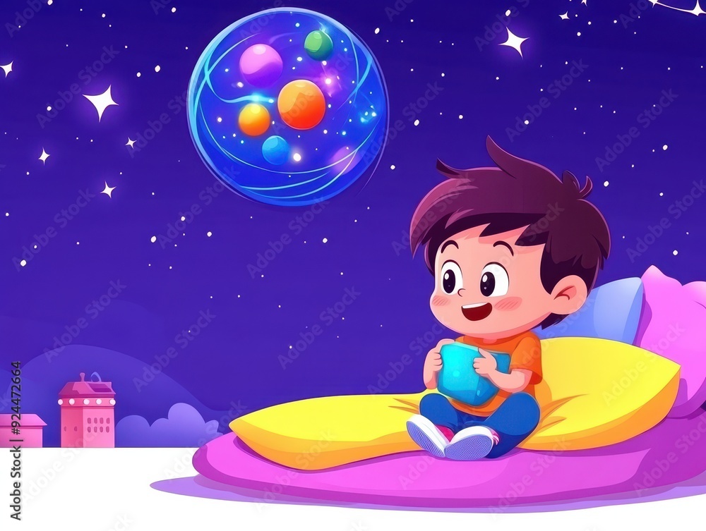 A cheerful child playing with a toy on a colorful pillow under a starry sky, surrounded by playful bubbles and bright colors. A cheerful child playing with a toy on a colorful pillow under a starry sky, surrounded by playful bubbles and bright colors.