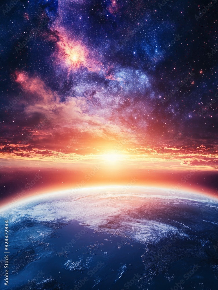 View of the Earth, star and galaxy. Sunrise over planet Earth, view from space. Concept on the theme of ecology, environment, with generattive ai View of the Earth, star and galaxy. Sunrise over planet Earth, view from space. Concept on the theme of ecology, environment, with generattive ai